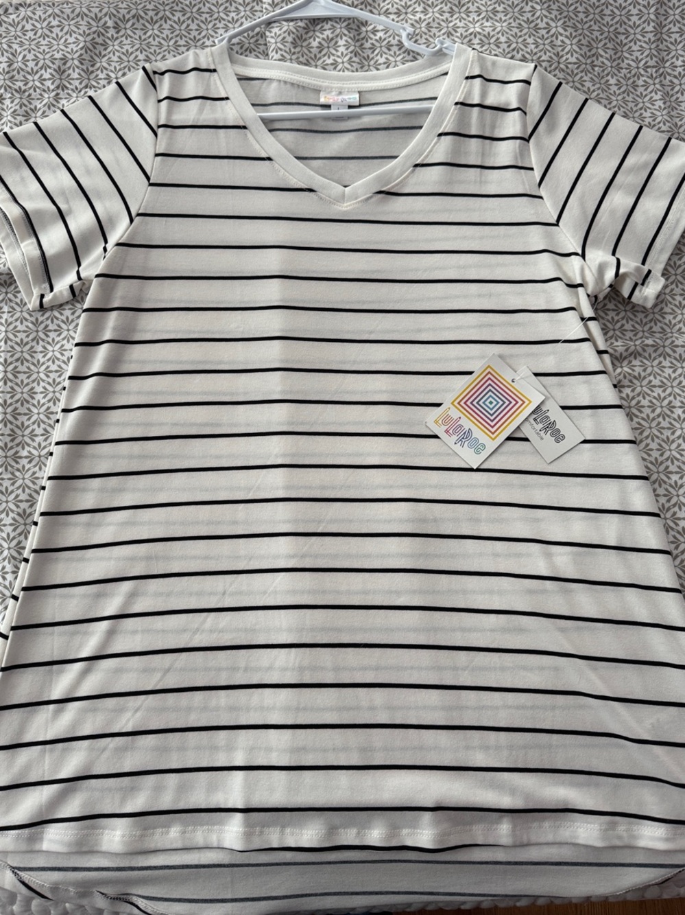 LuLaRoe (Christy) White and Black Striped V-Neck Tee